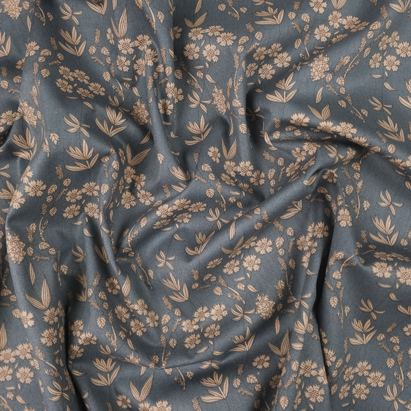 Beige Floral Cotton Poplin on a Blue-Gray Background - Eugenie - Maison Klem